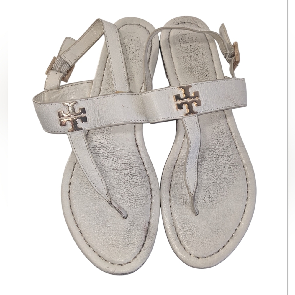 Tory Burch Eleanor Thong  White Leather Sandals with Gold Accents Size 8 Flaw